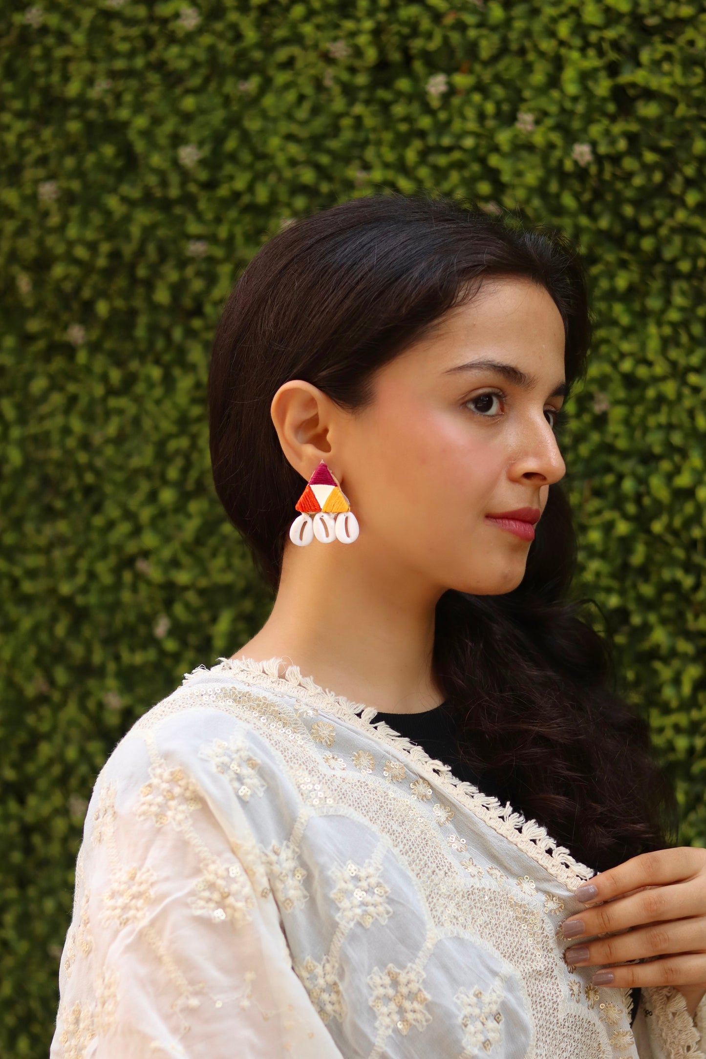 Tri Color Fabric Shell Handmade Earring