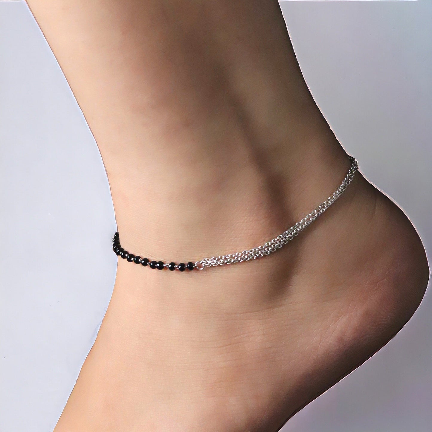Black Beads Silver Chain Payal